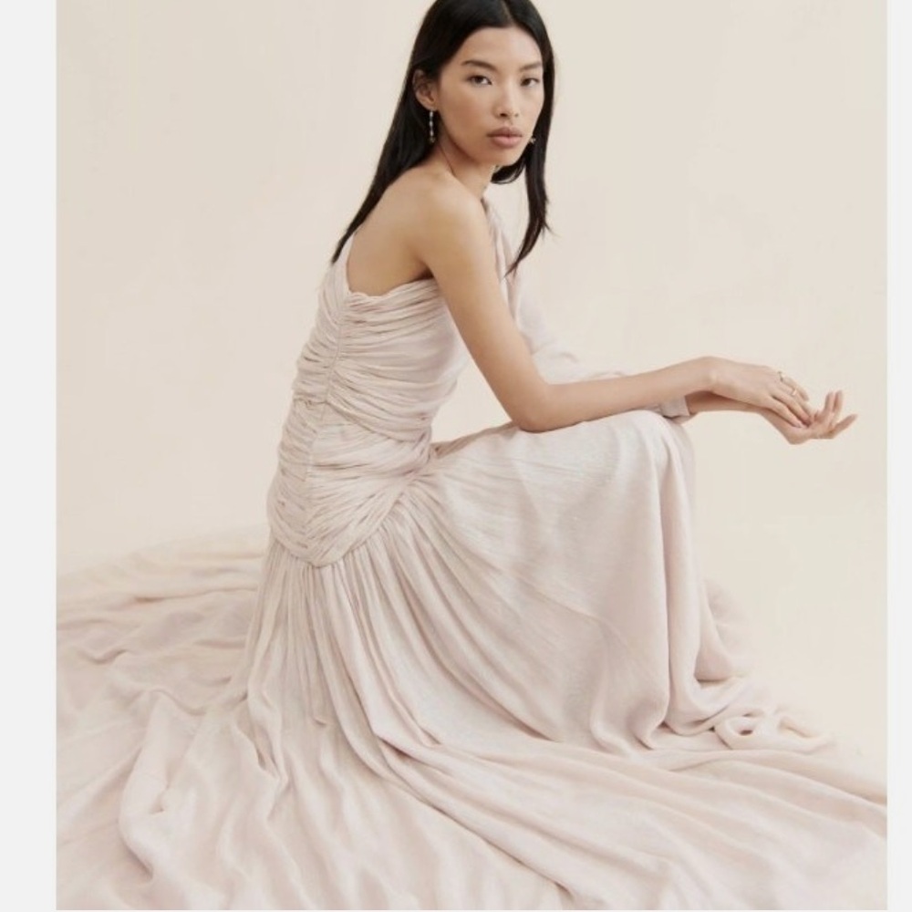 BHLDN Jade Metallic One-Shoulder Asymmetrical-Waist Gown Antgropologie - Picture 2 of 7